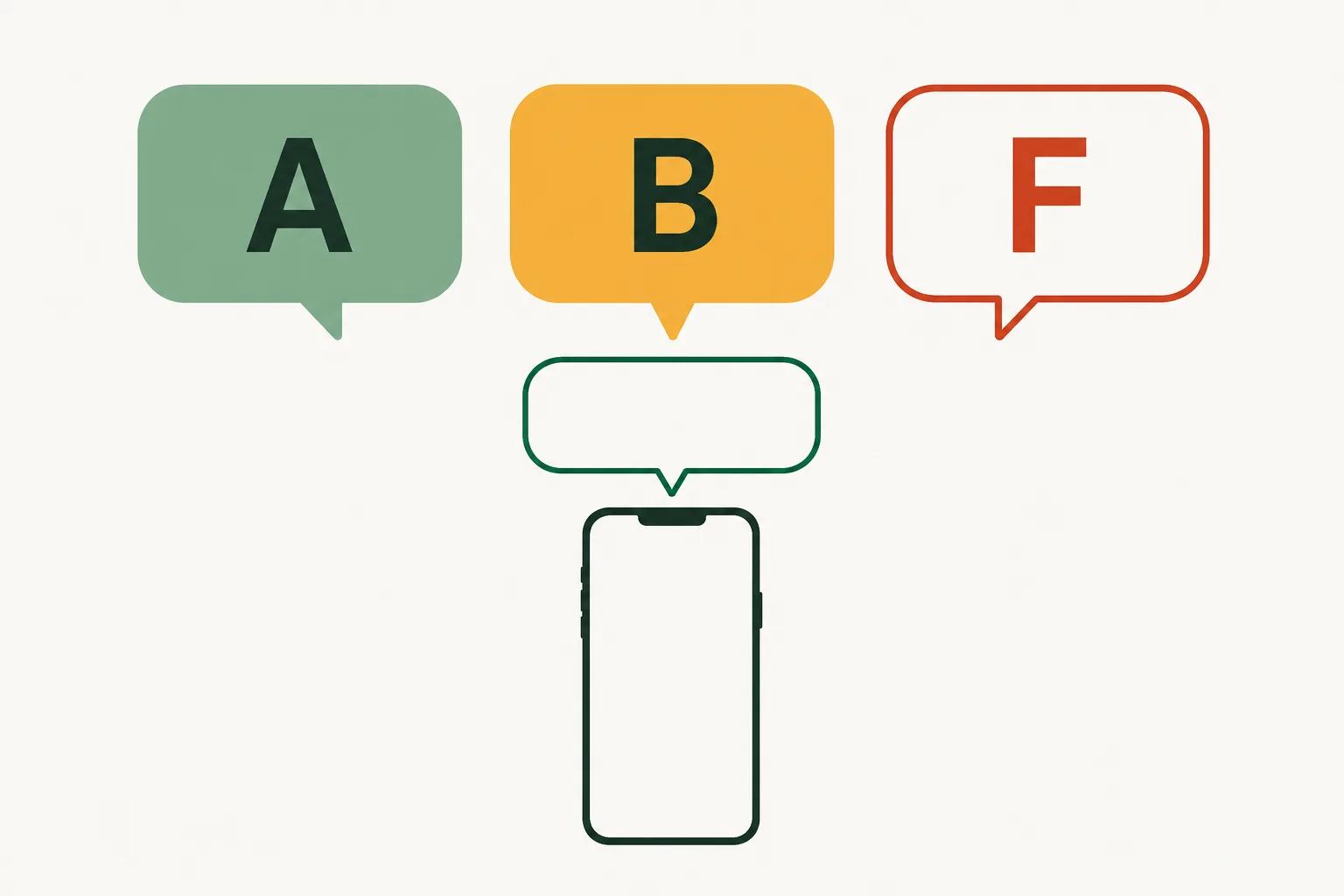 Three graded calls — A, B and F — above a smartphone