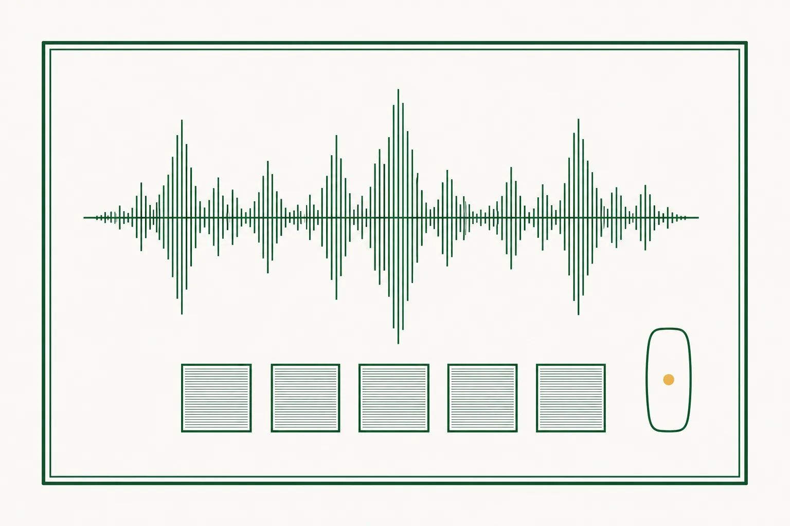 Flat engraved emblem for auto service departments: an audio waveform above a row of identical test squares with a small wrench beside them, inside a double-rule frame