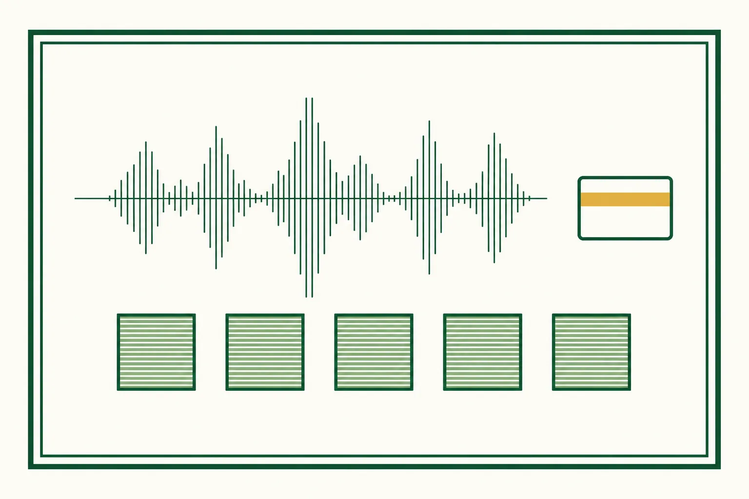 Flat engraved emblem for banks and credit unions: an audio waveform above a row of identical test squares with a small vault dial beside them, inside a double-rule frame