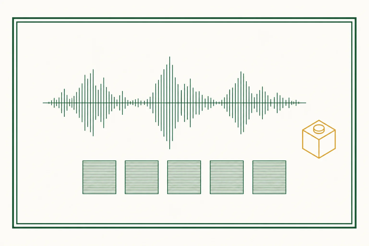 Flat engraved emblem for childcare centers: an audio waveform above a row of identical test squares with a small stacking block beside them, inside a double-rule frame