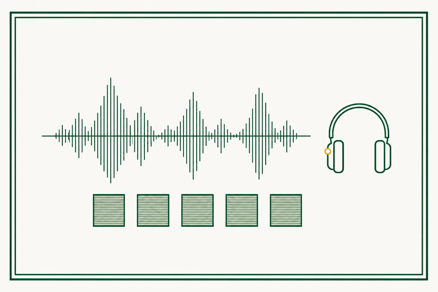 Flat engraved emblem for contact centers: an audio waveform above a row of identical test squares with a small headset beside them, inside a double-rule frame