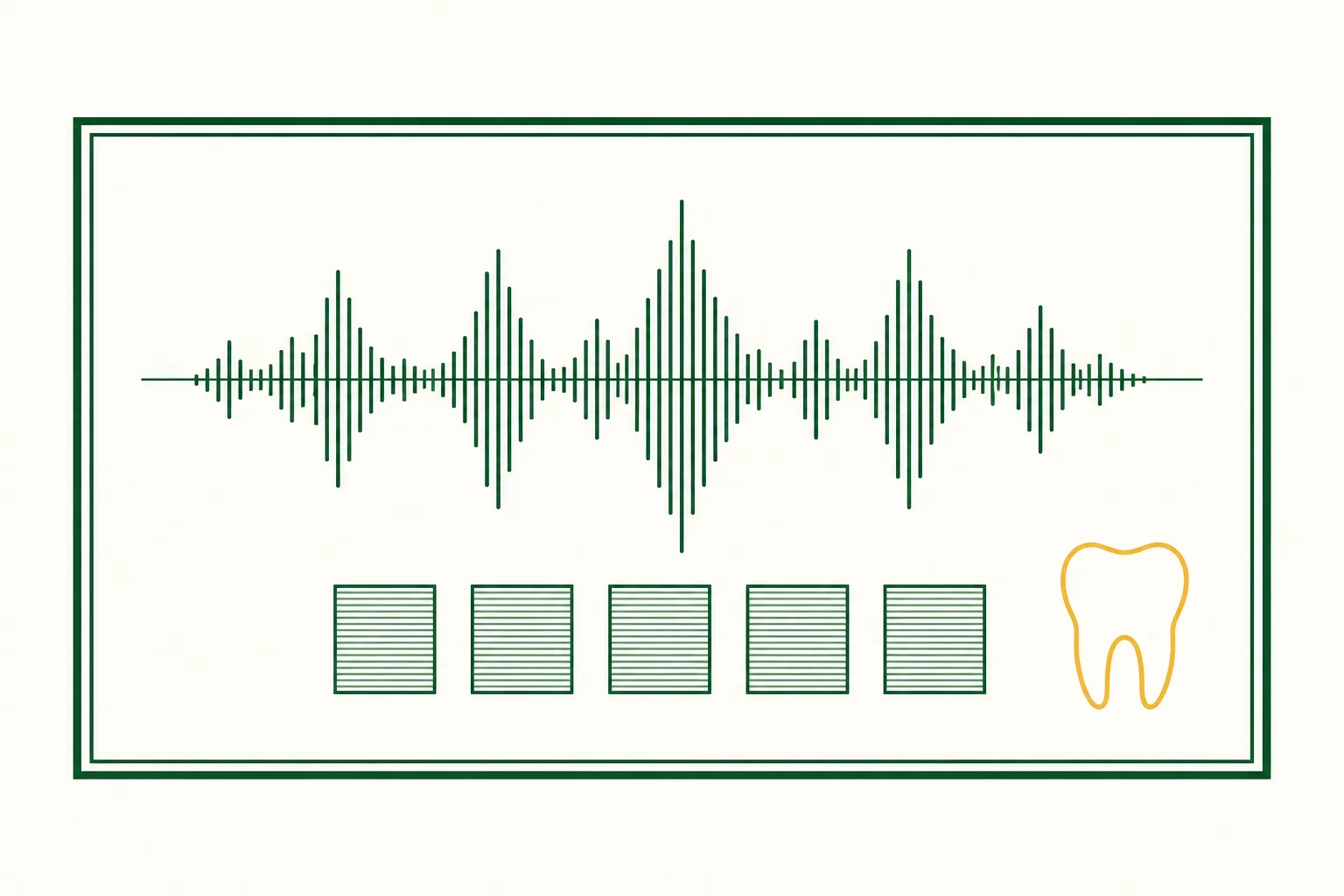Flat engraved emblem for dental practices: an audio waveform above a row of identical test squares with a small tooth beside them, inside a double-rule frame