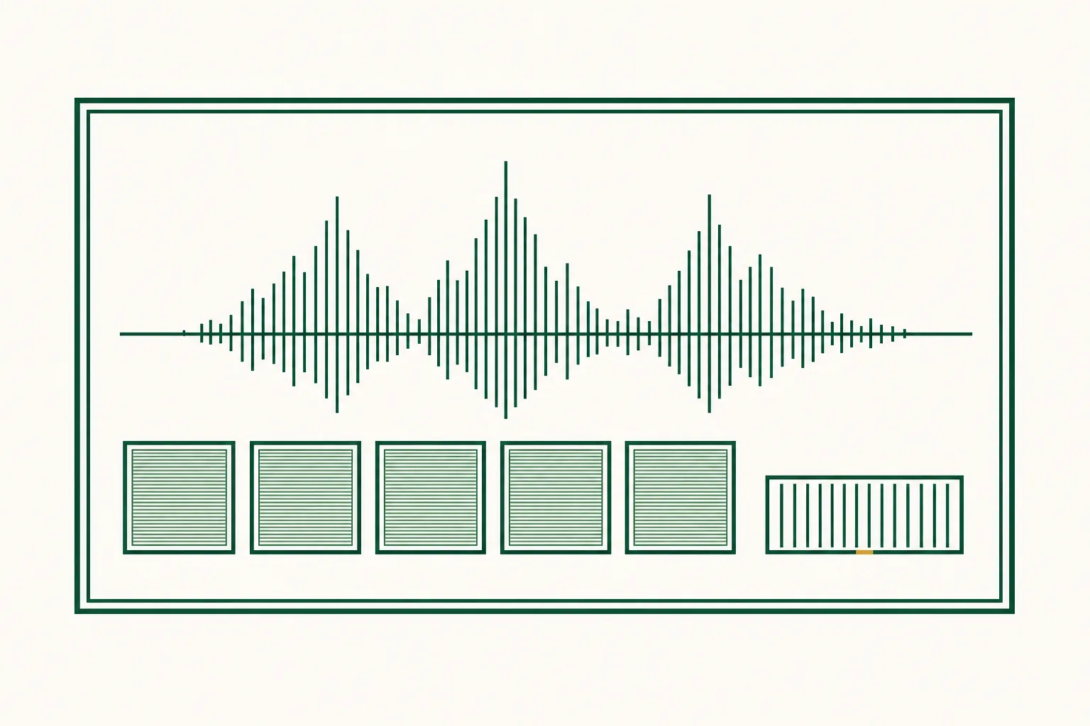 Flat engraved emblem for freight brokers: an audio waveform above a row of identical test squares with a small trailer beside them, inside a double-rule frame