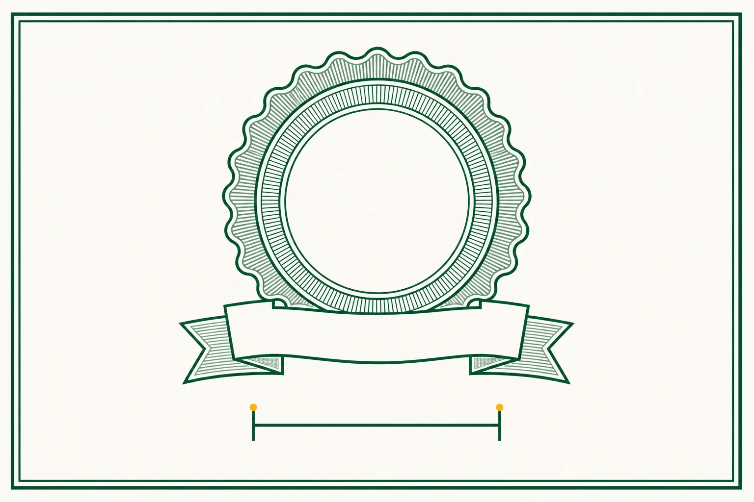 Flat engraved emblem: a certification rosette above a bracket spanning a short range, inside a double-rule frame