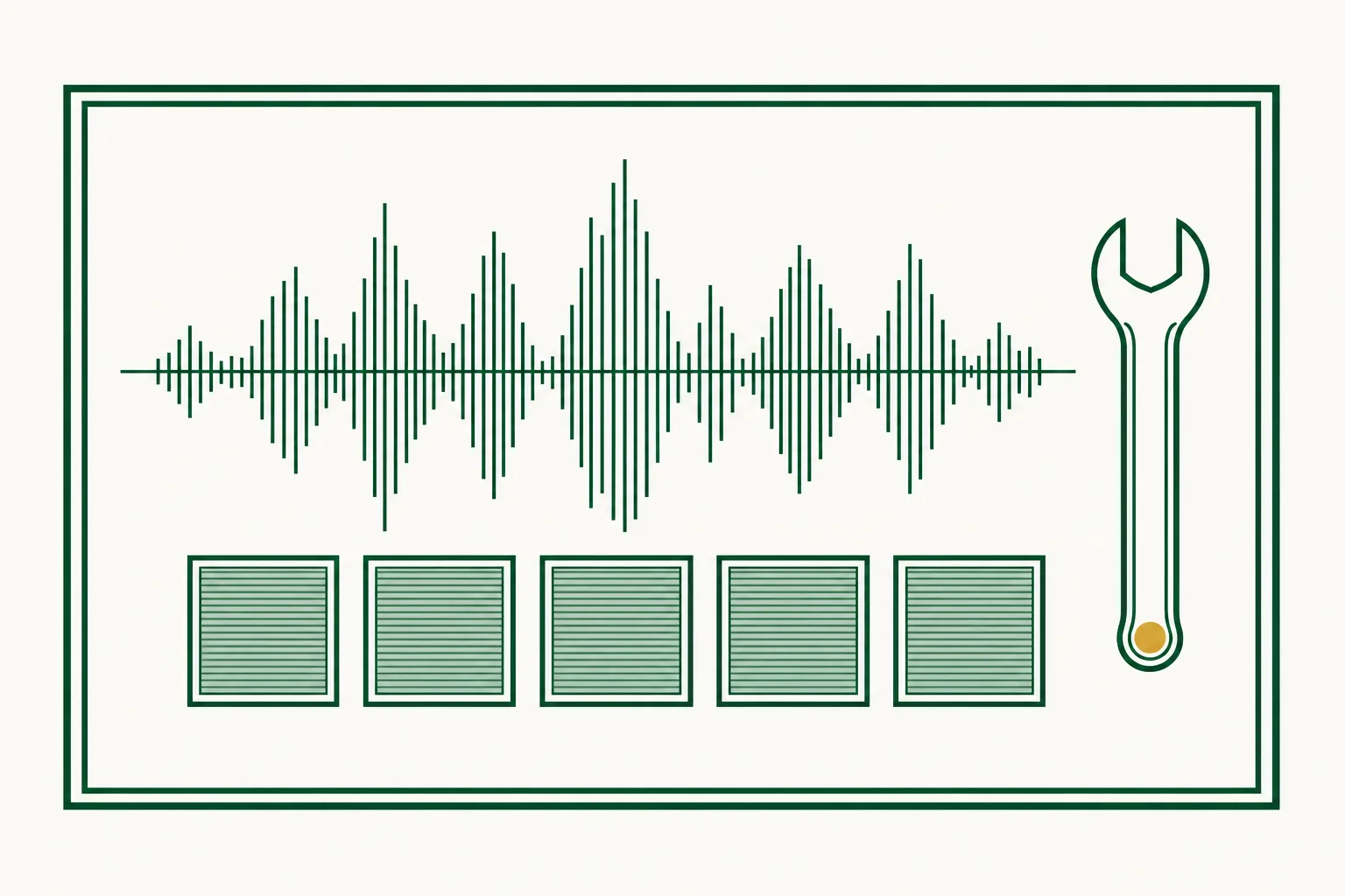 Flat engraved emblem for home-services trades: an audio waveform above a row of identical test squares with a small pipe wrench beside them, inside a double-rule frame