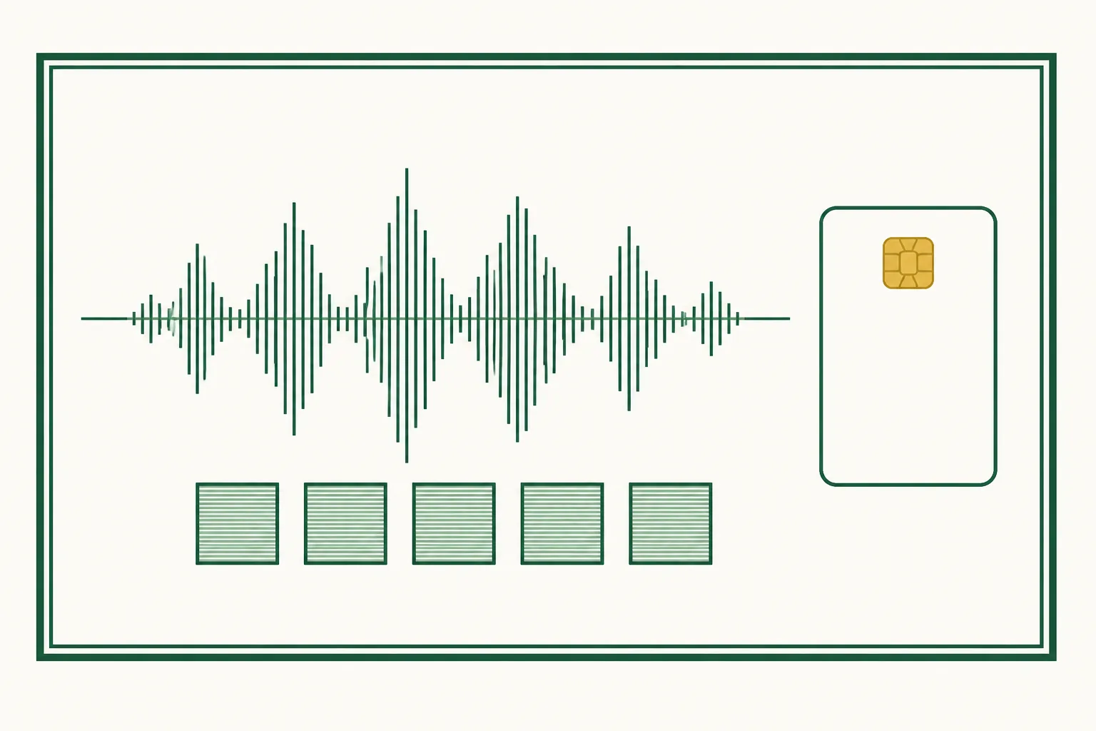 Flat engraved emblem for hotels: an audio waveform above a row of identical test squares with a small desk bell beside them, inside a double-rule frame