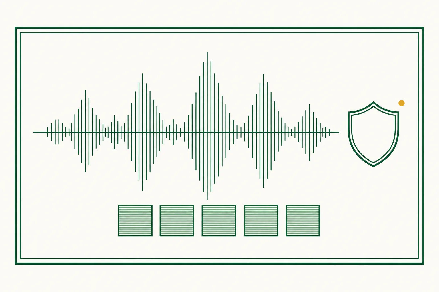 Flat engraved emblem for insurers: an audio waveform above a row of identical test squares with a small umbrella beside them, inside a double-rule frame