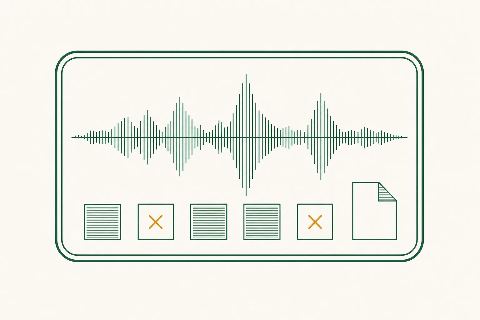 Flat engraved emblem for law firms: an audio waveform above a row of identical test squares with a small balance scale beside them, inside a double-rule frame