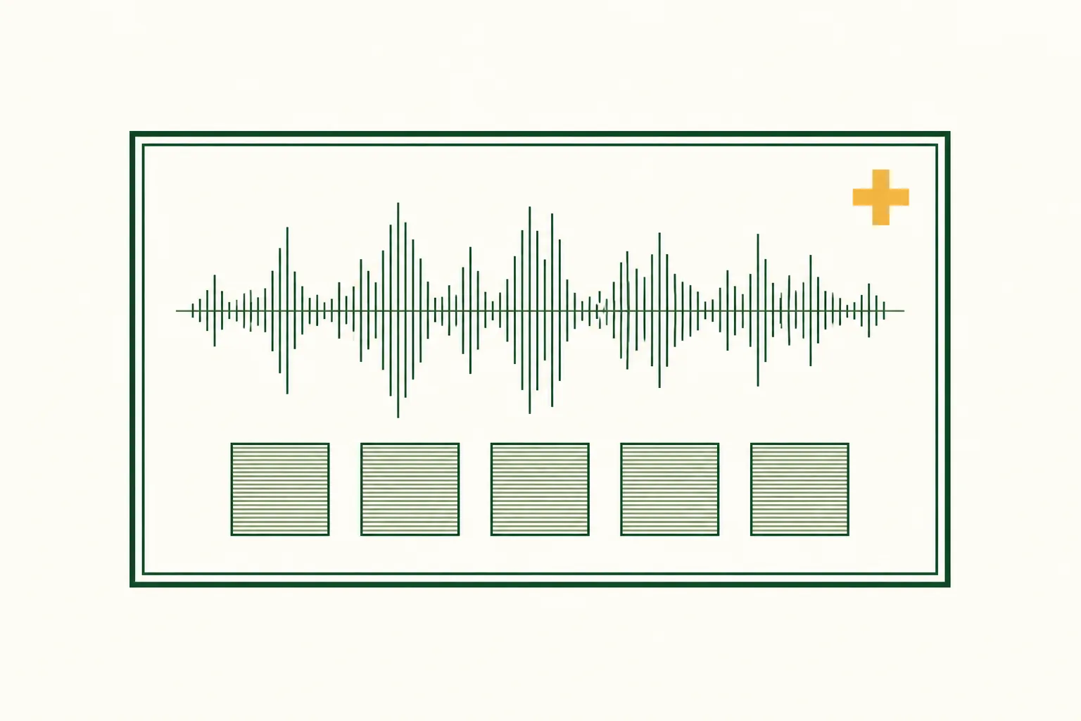 Flat engraved emblem for medical clinics: an audio waveform above a row of identical test squares with a small stethoscope bell beside them, inside a double-rule frame