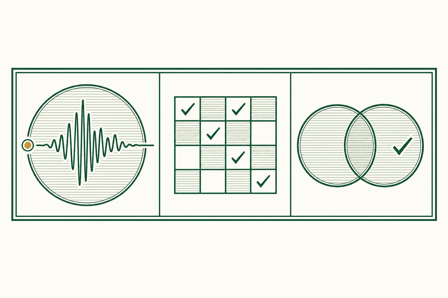 Flat engraved emblem: an audio waveform above a row of identical test squares with a small balance scale beside them, inside a double-rule frame