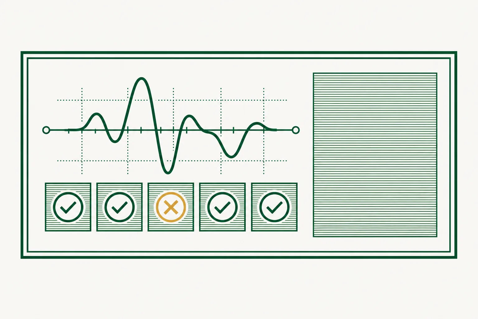 Flat engraved emblem: an audio waveform above a row of identical test squares with a small magnifying glass beside them, inside a double-rule frame