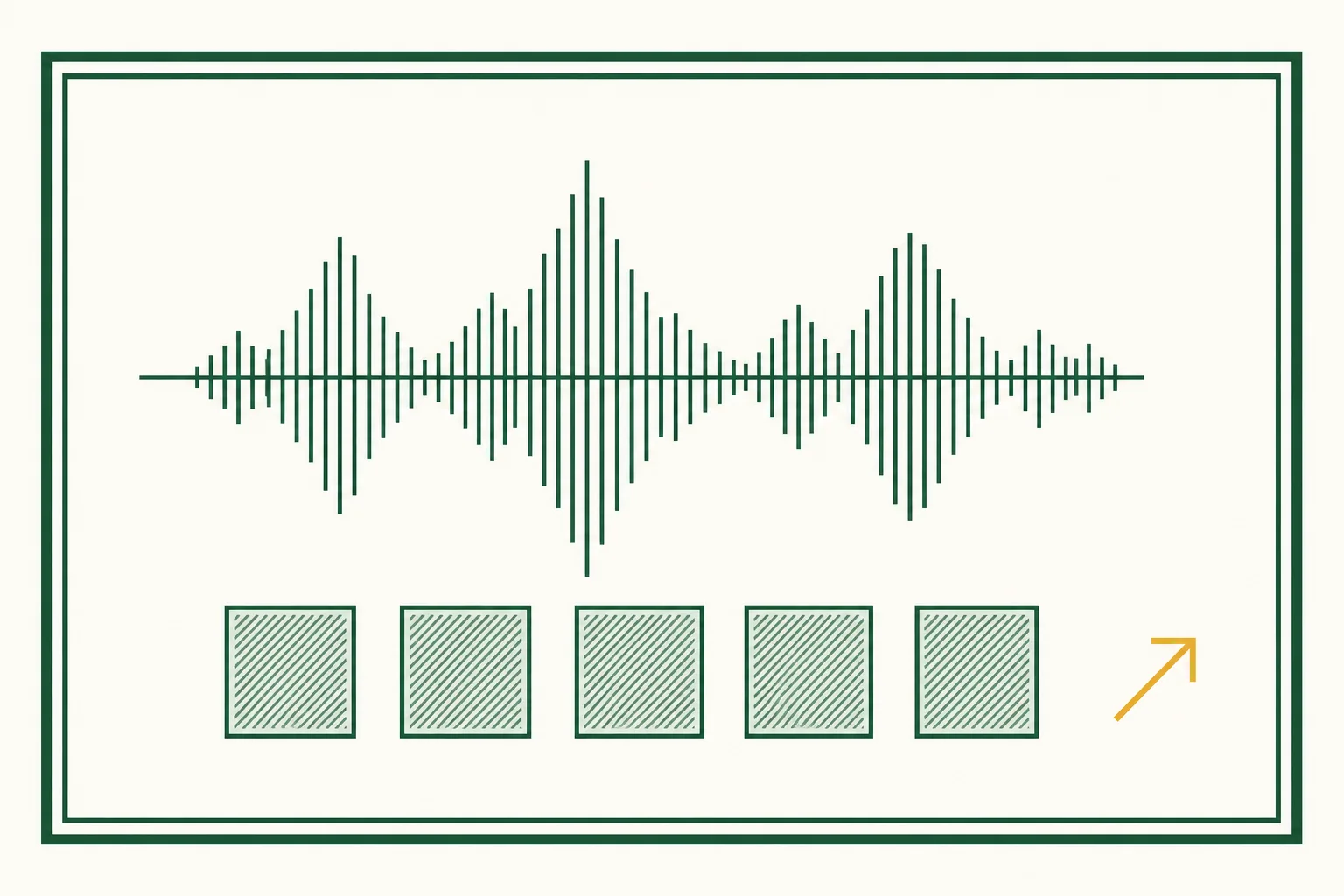 Flat engraved emblem for outbound sales teams: an audio waveform above a row of identical test squares with a small outward arrow beside them, inside a double-rule frame
