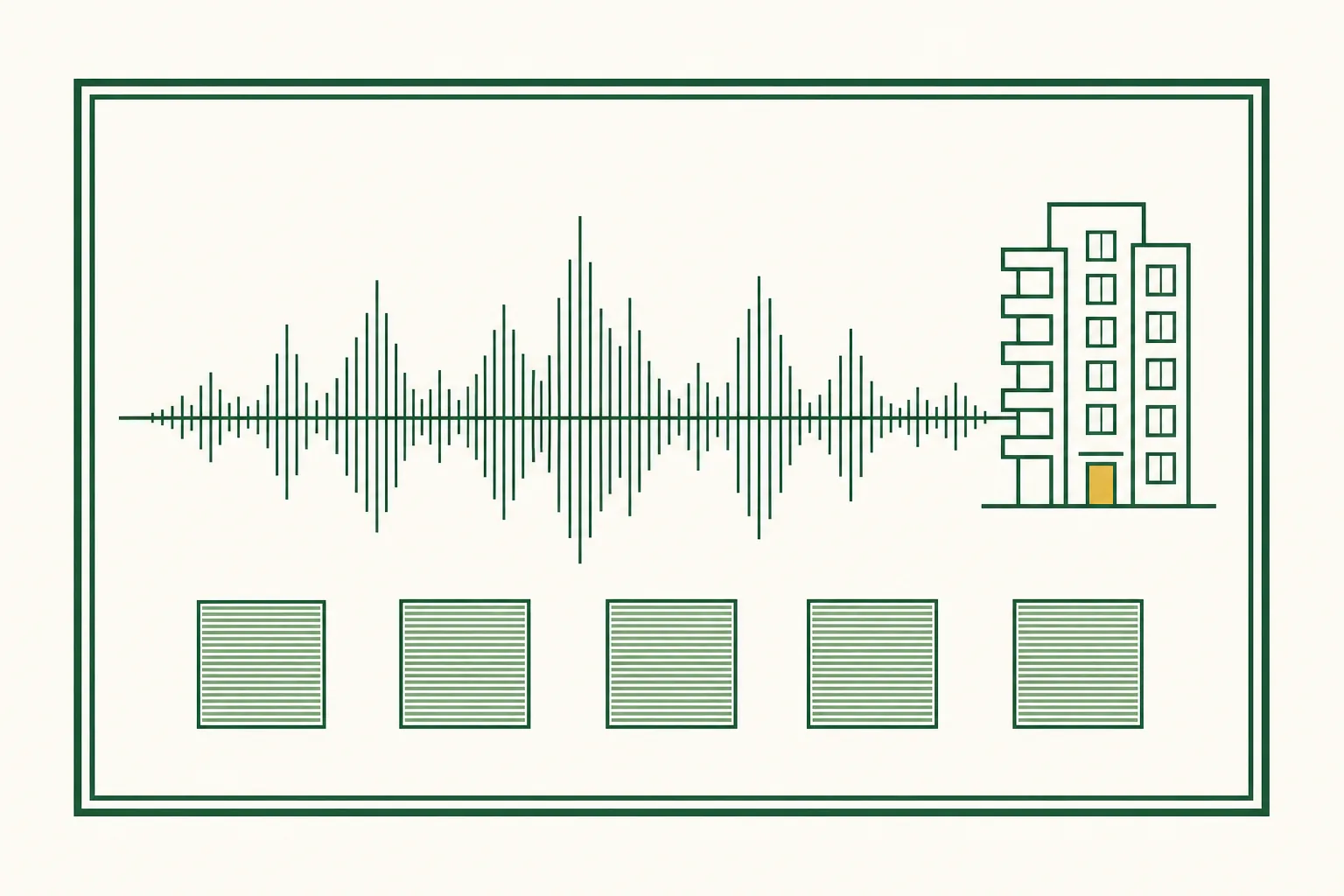 Flat engraved emblem for property managers: an audio waveform above a row of identical test squares with a small house outline beside them, inside a double-rule frame