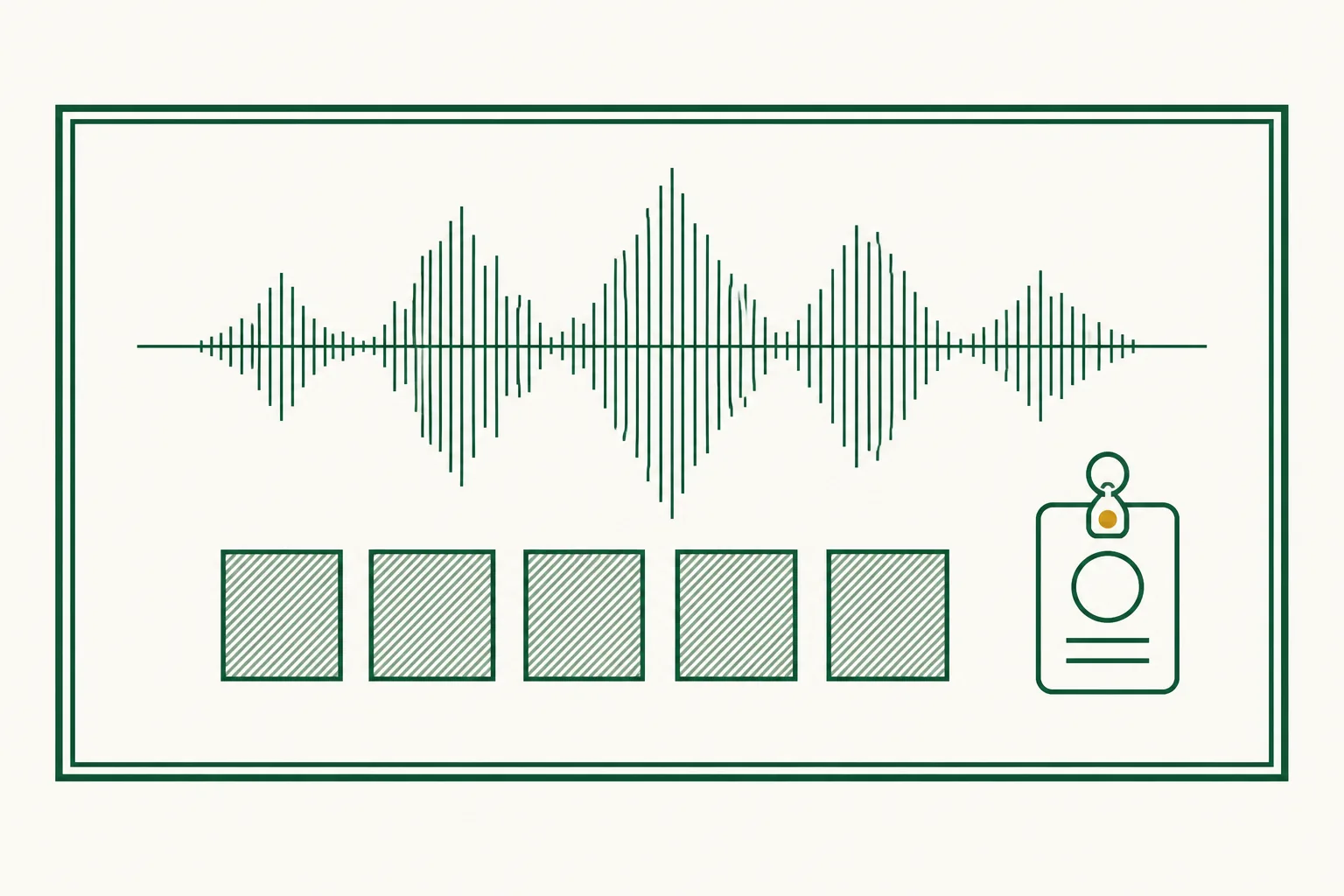 Flat engraved emblem for recruiting teams: an audio waveform above a row of identical test squares with a small name badge beside them, inside a double-rule frame