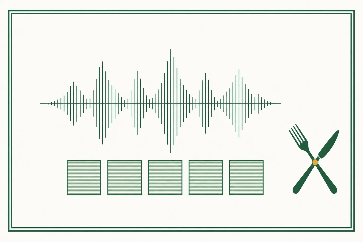 Flat engraved emblem for restaurants: an audio waveform above a row of identical test squares with a small fork beside them, inside a double-rule frame