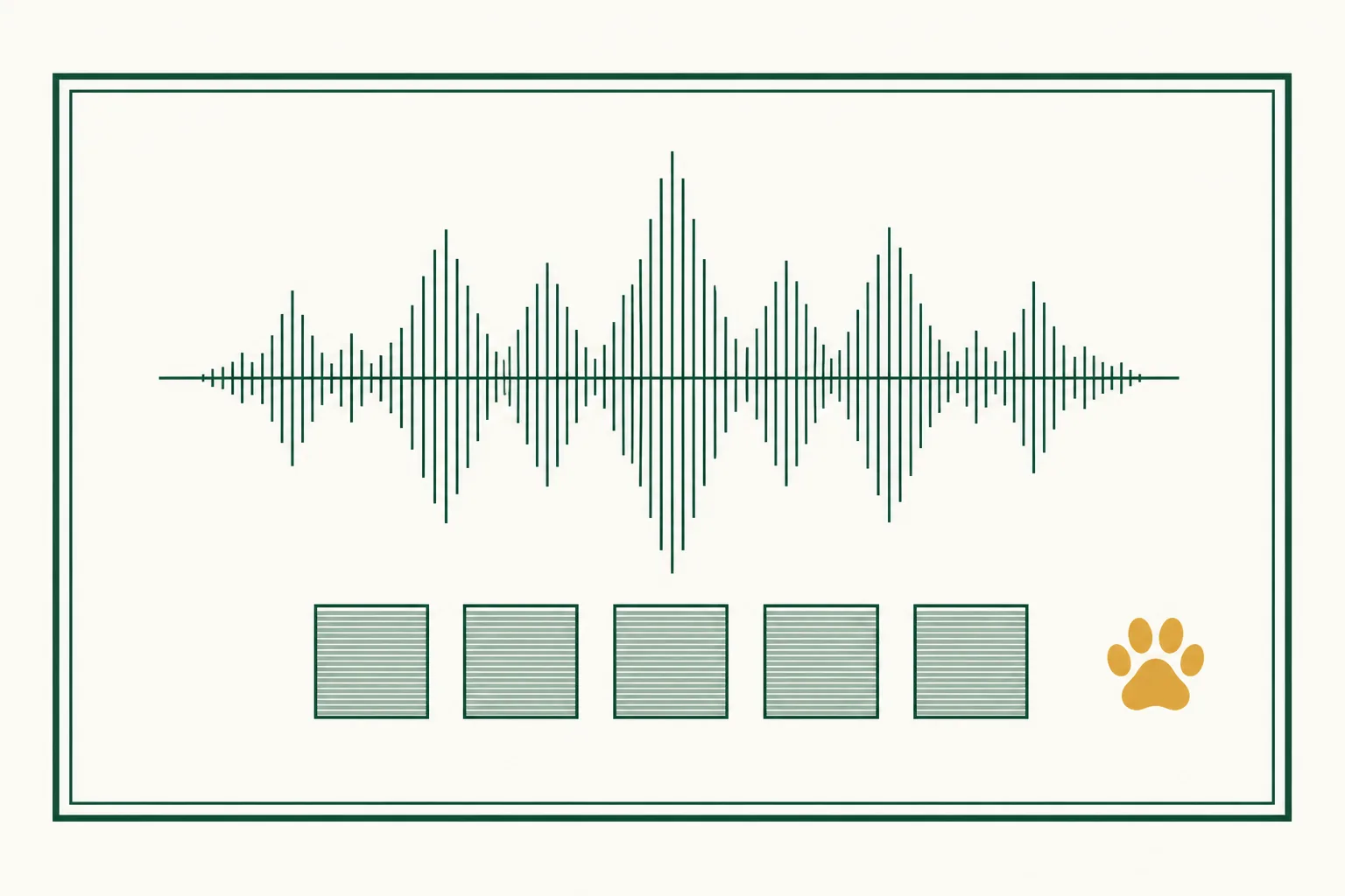 Flat engraved emblem for veterinary clinics: an audio waveform above a row of identical test squares with a small paw print beside them, inside a double-rule frame