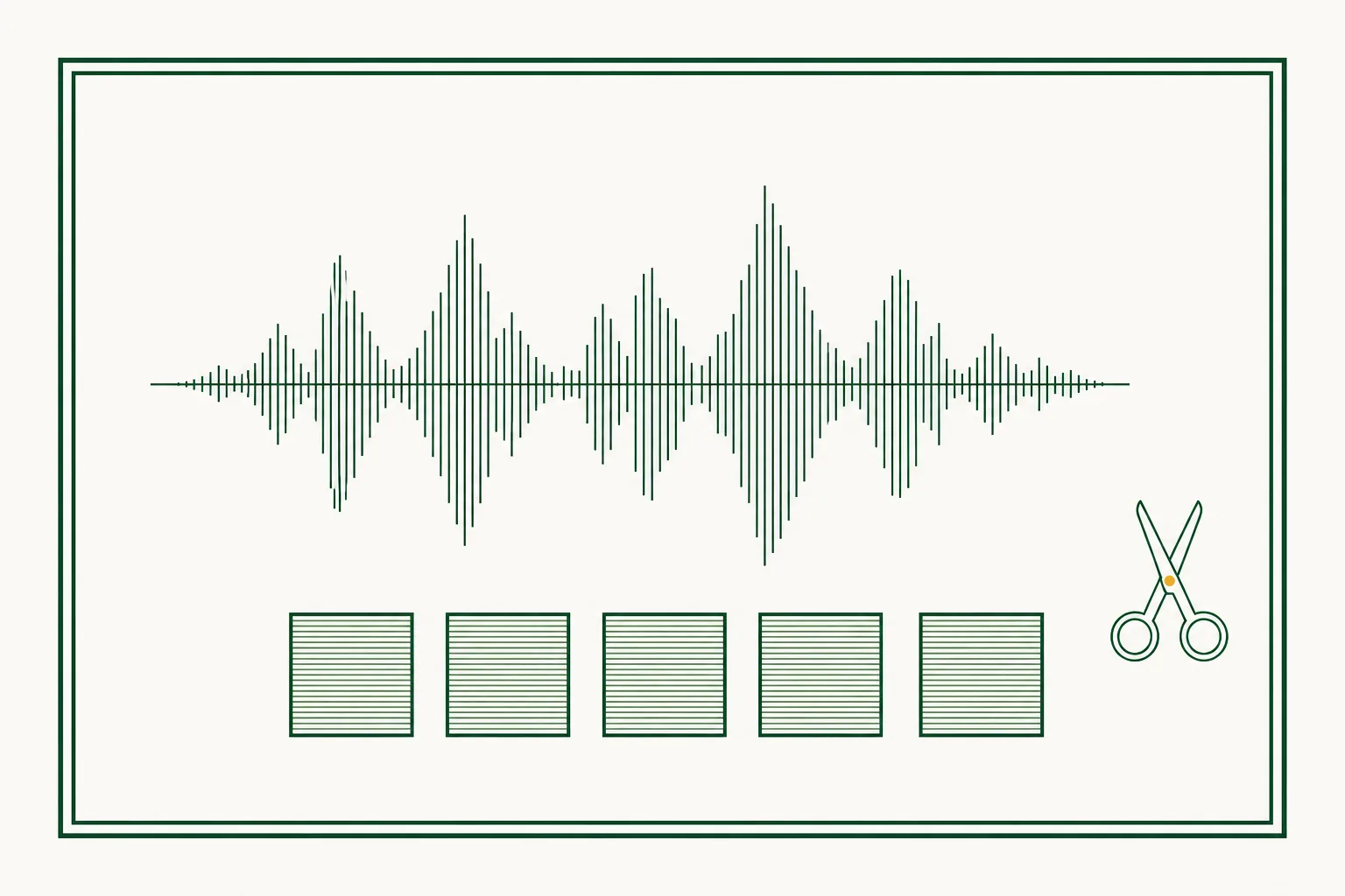 Flat engraved emblem for spas and salons: an audio waveform above a row of identical test squares with a small leaf beside them, inside a double-rule frame